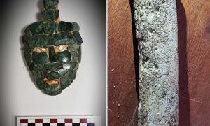 Mayan jade mask and carved bone