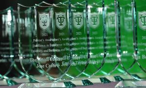 Image of clear glass awards shaped like badges with the names of the winners on them, displayed on a table. 