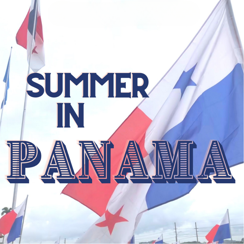 Photo of Panamanian flag against the sky with the inscription Summer in Panama