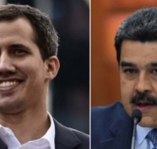 Image of two Venezuelan politicians. The headshot on the left is of a younger man, the right an older man, with a mustache and some grey in his dark hair. 