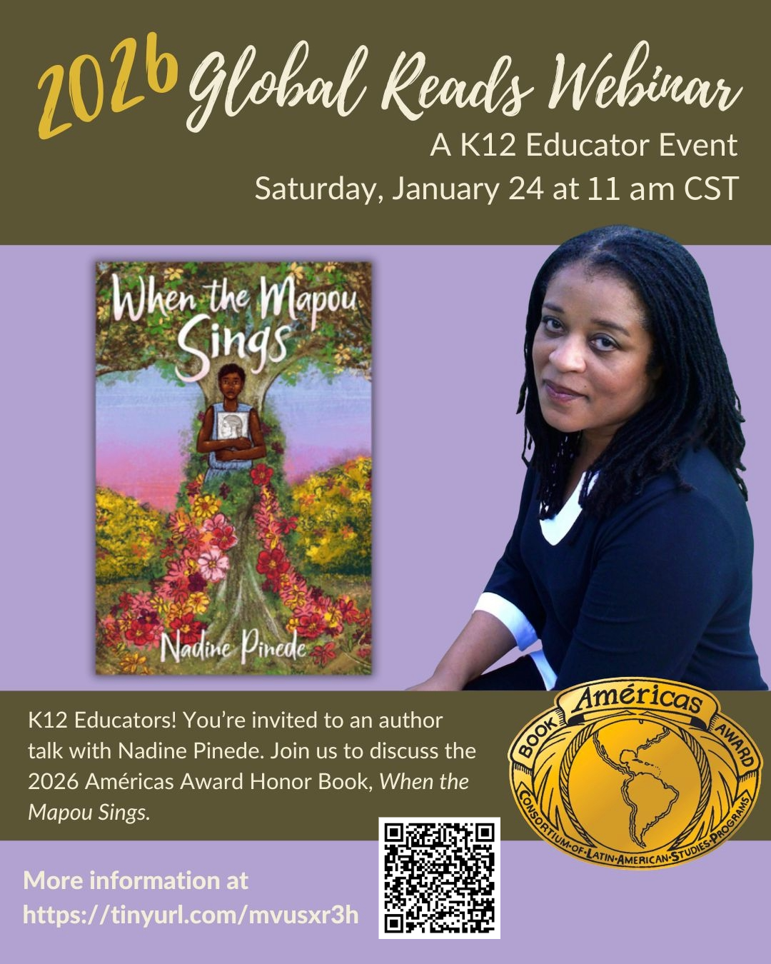 2026 Global Reads Webinar graphic: Author Nadège Prioleau, book cover, Américas Award logo.