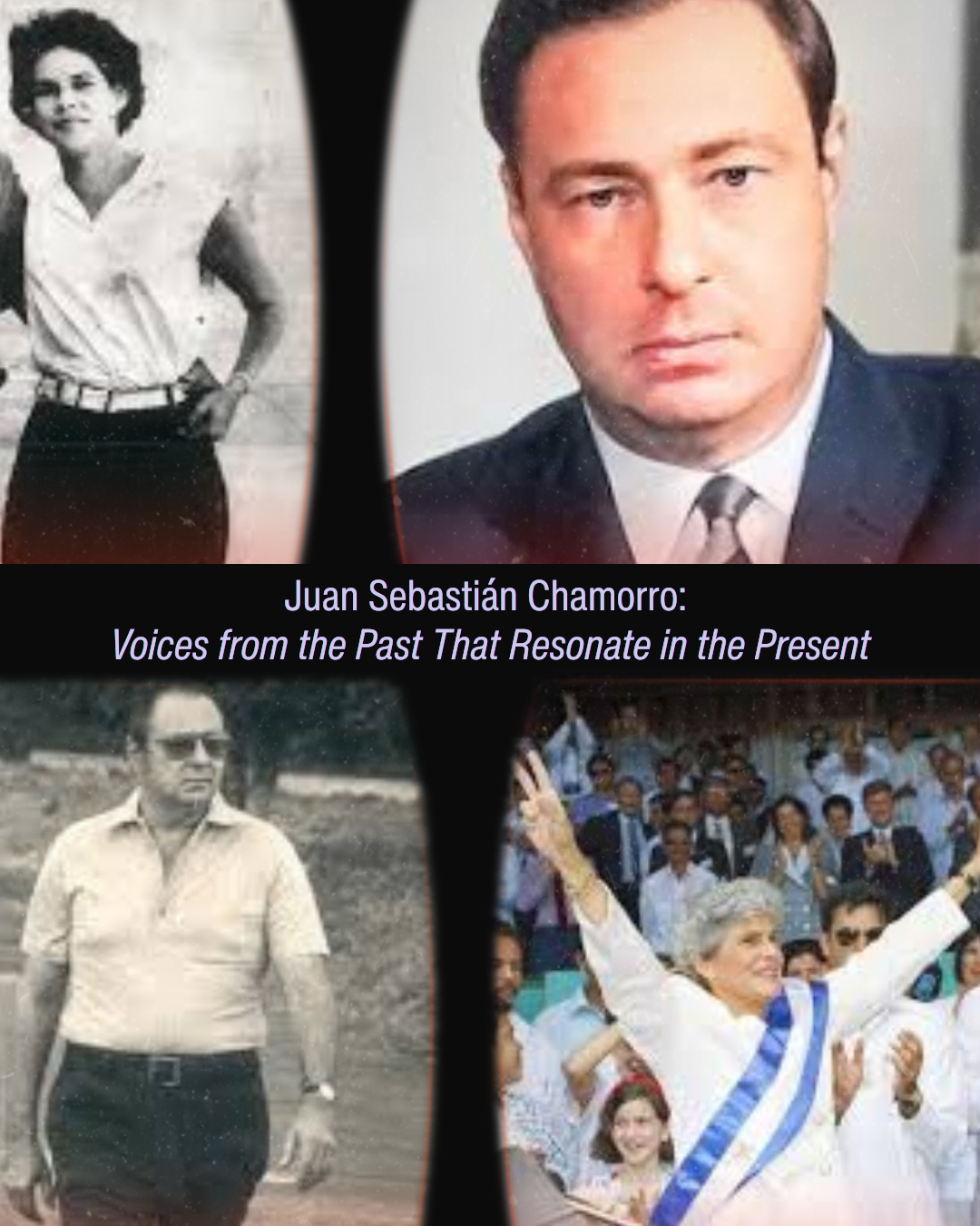 Collage of four photos: woman, man in suit, man in sunglasses, woman with sash before crowd.