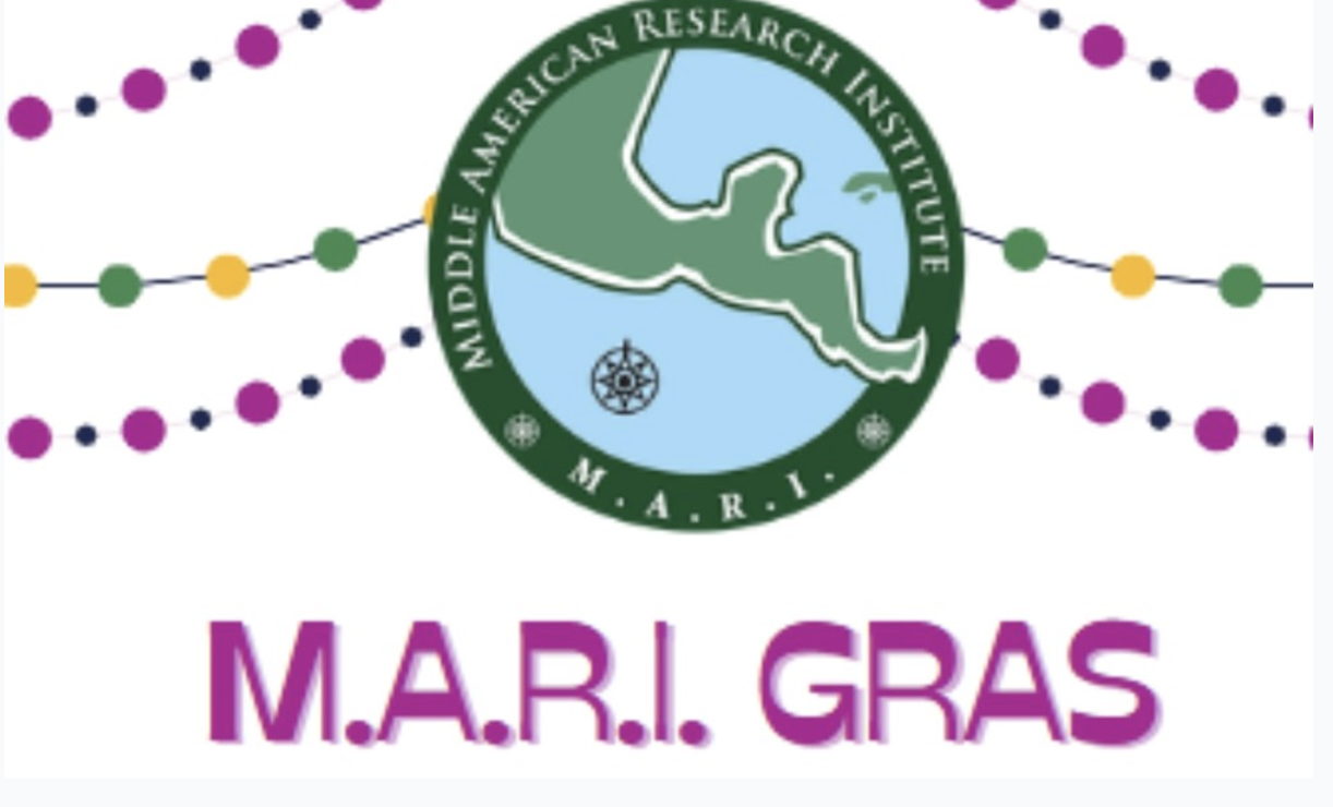 Graphic for M.A.R.I. Gras event, featuring research institute logo and Mardi Gras beads.