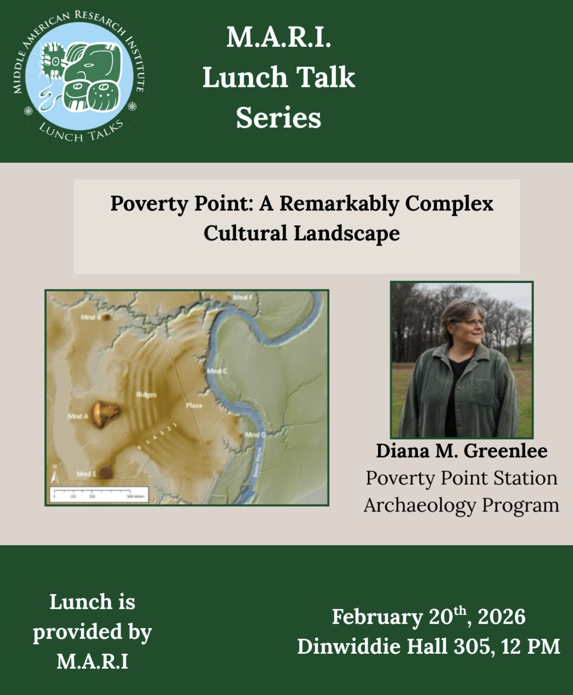 Poster: Poverty Point archaeology talk by Diana M. Greenlee, Feb 20, 2026.
