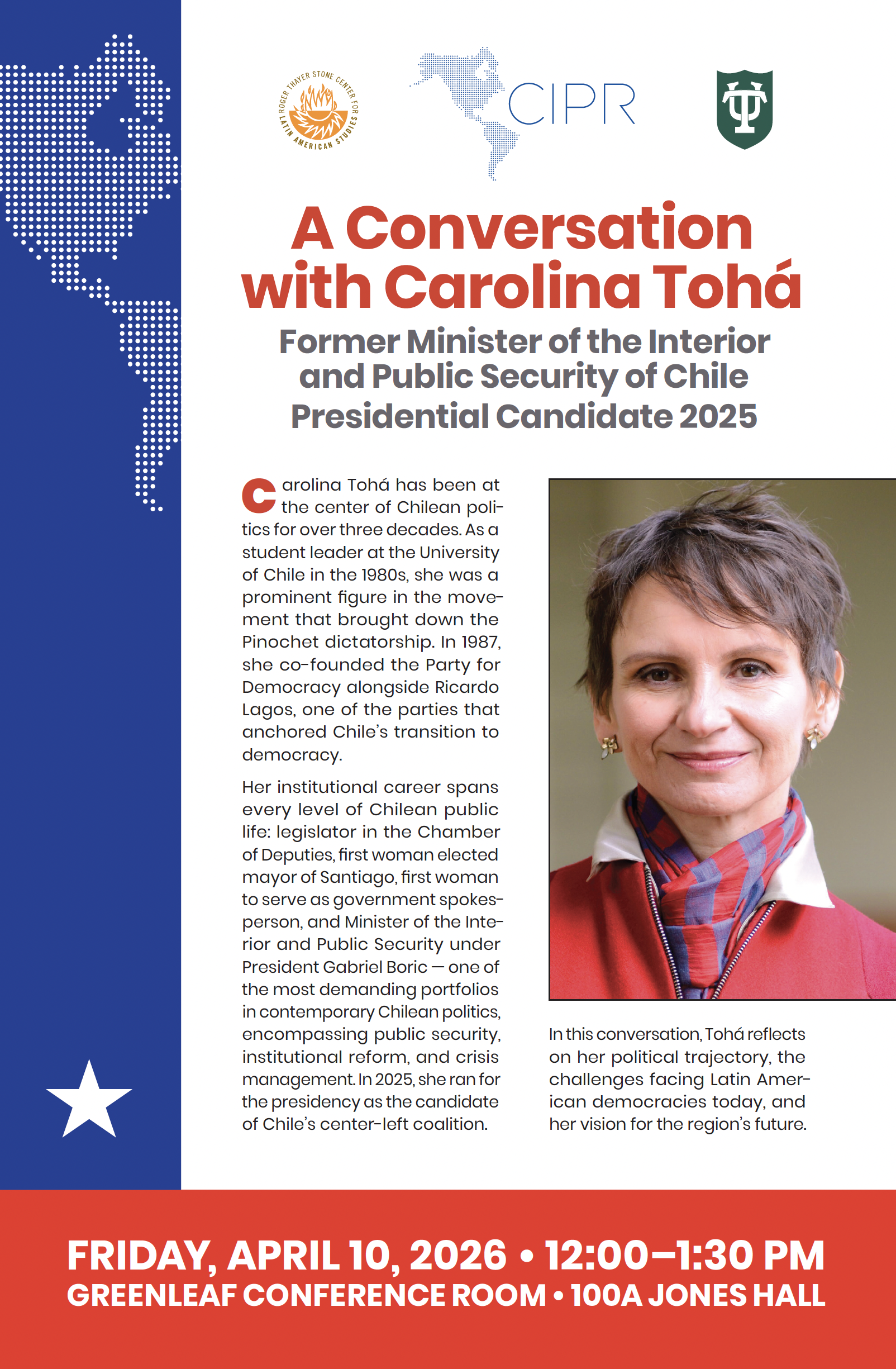 Event flyer: Carolina Tohá, former Chilean Minister & Presidential Candidate, smiling portrait.