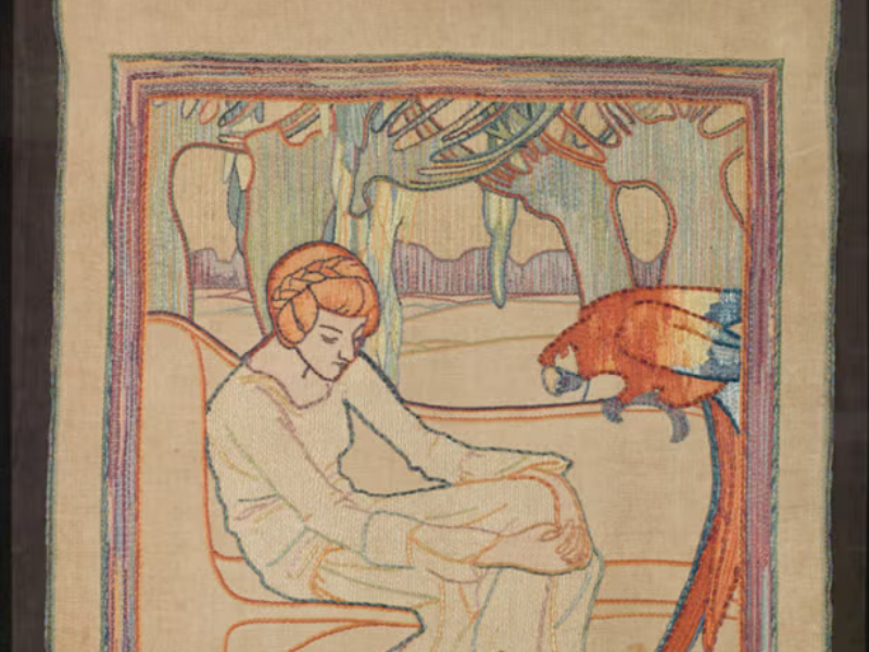 Helen DeGrange McLellan. Newcomb Wall Hanging, c. 1905–1915. Silk embroidery on linen, 57” x 39”. The Historic New Orleans Collection. Image courtesy of The Historic New Orleans Collection.