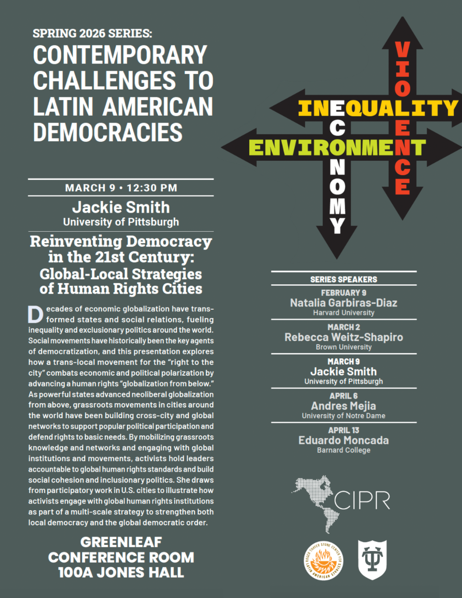 Graphic poster for "Contemporary Challenges to Latin American Democracies" series.