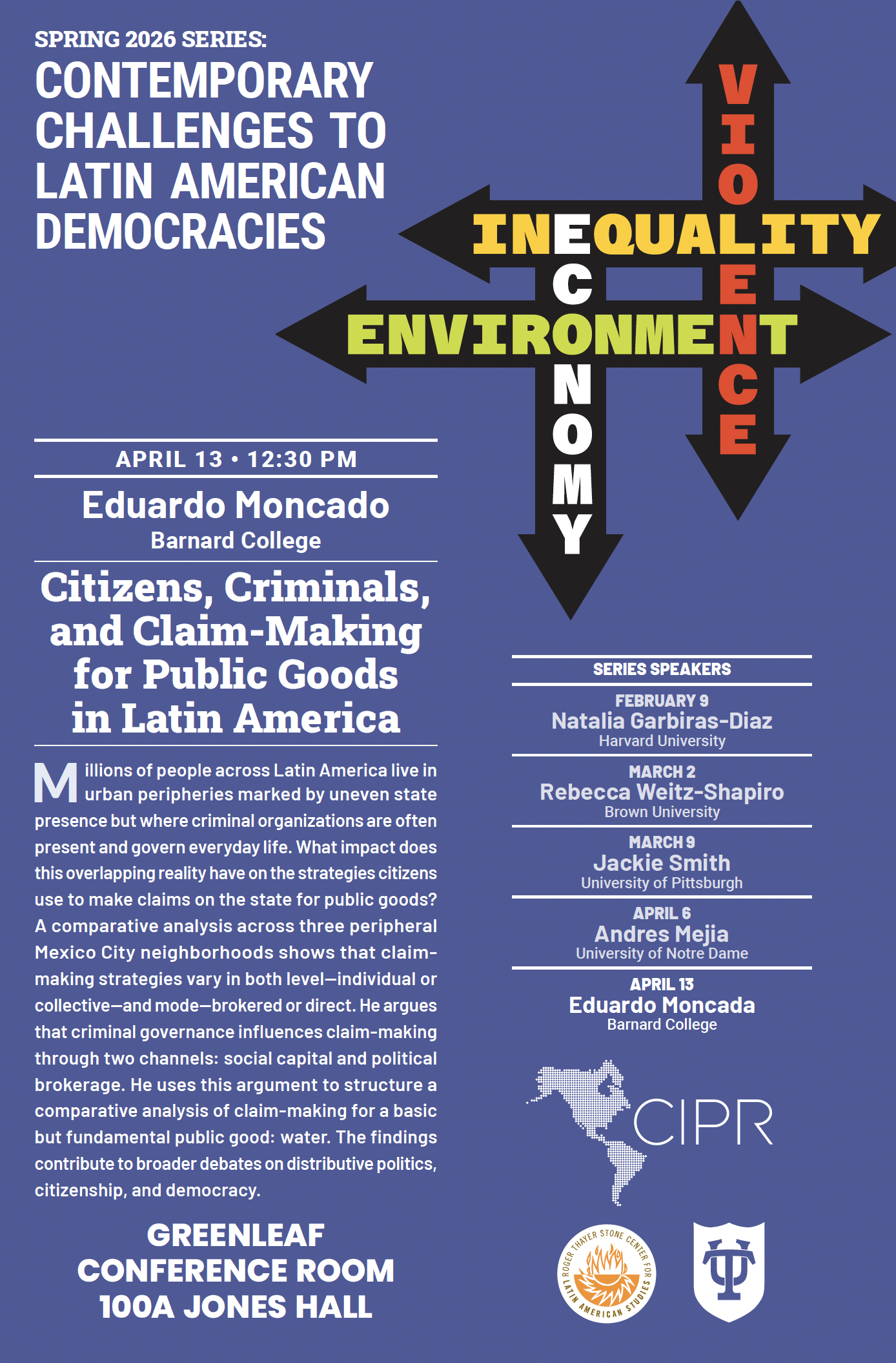 Graphic poster: Contemporary Challenges to Latin American Democracies series.