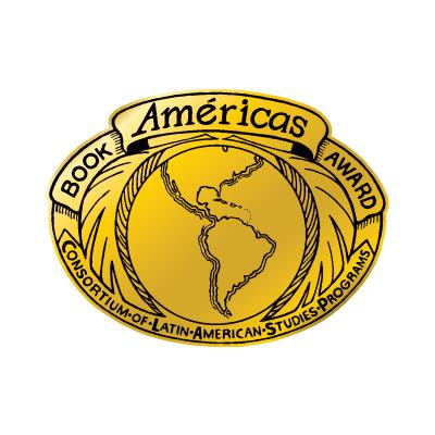 Gold emblem of the Consortium of Latin American Studies Programs. Showing the Western hemisphere in outline, above which scrolls the Americas Book Award