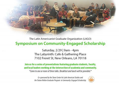Advertising the Symposium on Community-Engaged Scholarship hosted by LAGO. Shows an image of young people communicating over couches and a table. 