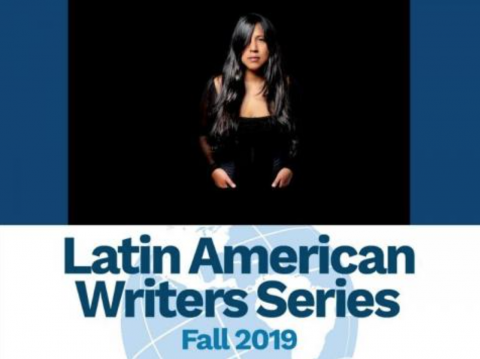 Latin American Writer Series poster, with blue text and an image of a globe over it. Above there is a picture of a woman wearing black against a black backdrop. Her hair is long and dark, and falls over one eye.