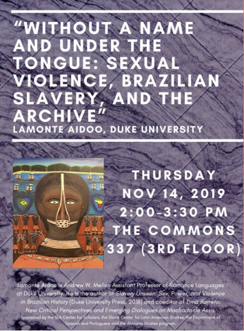 Purple poster advertising "without a name and under the tongue" lecture. The purple is marbled and textured. There is a drawn image of an enslaved man with a muzzle, showing the middle passage. 