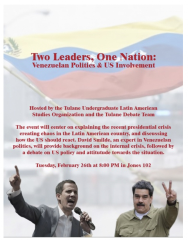 Poster advertising Two Leaders, One Nation. Shows a blurred image of a hand waving a Venezuelan flag. Below in sharper detail is a man wearing a gray jacket holding a microphone. The other man is an older man with a mustache, holding a peace sign.