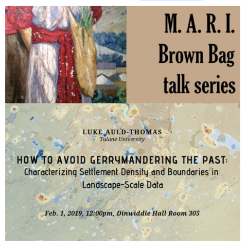 MARI brown bag series poster, shows a drawing of the lower half of a person wearing a red and white striped tunic carrying a bag of greens. Below this image is a marbled advertisement for "How to Avoid Gerrymandering the Past" The background is abstract.