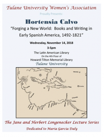 Light blue poster for Hortensia Calvo's talk with location on the fourth floor of the library. At its center is a beige map of the coast and islands with labelled cities.