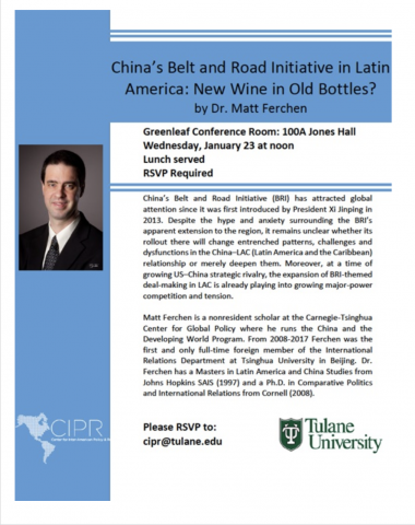 Blue and white poster advertising China's Belt and Road Initiative in Latin America talk. There are two paragraphs of information about the initiative and the scholar Matt Ferchen, as well as the image of Ferchen, a white man with a short, dark haircut. 