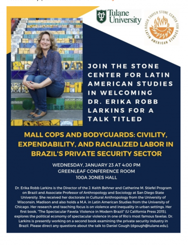 Blue, yellow, and white color blocked poster showing Dr. Larkins wearing a blue blouse and jeans and sitting on a multicolored, tiled staircase in a city street. 