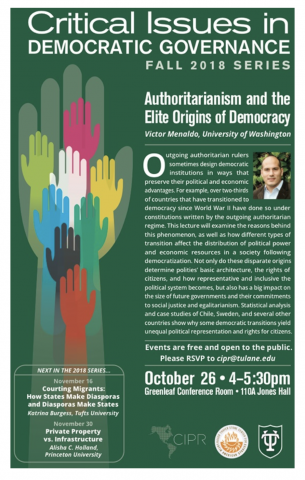 Green poster for critical issues in democratic governance. Shows a hand raised in light green color, which holds many other multicolored raised hand outlines. advertises Menaldo's research on authoritarianism.