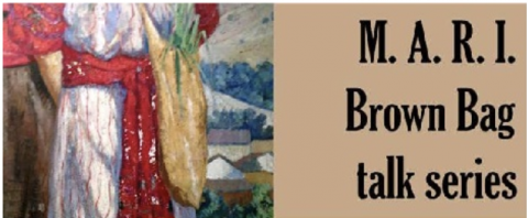 Rectangular advertisement for MARI Brown Bag Talk Series. Shows a tan square on the right and an image of a painting of a person wearing red and white, with a bag that has greens in it. 