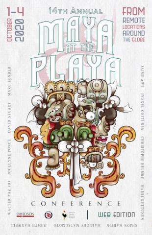 Poster for Maya at the Playa conference, features large mayan inspired artwork, incorporating many colors and cartoon elements. Poster names sponsors and conference information. 