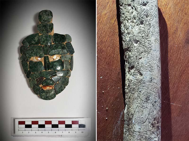Mayan jade mask and carved bone