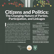 Greenish grey poster titled "citizens and politics: the changing nature of parties, participation, and linkages," complete with information about events and a calendar for the series. 