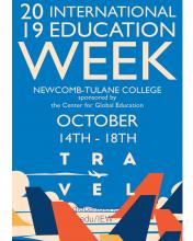 Blue poster for International Education Week, bottom bordered in stylized clouds and passing planes in navy, yellow, and red.
