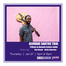 Image of poster of a Brazilian man holding a guitar, advertising a show at Snug Harbor with times of 8 and 10 PM. The border of the poster is purple and the text is white.