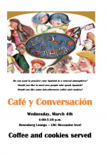 Poster featuring color pencil drawings of people in conversation of many ages, on a white background. In the center there is a speech bubble that says "esta bueno conversario"