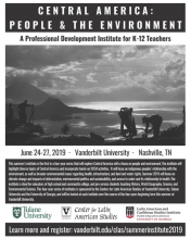 A black and white poster that reads "Central America: People and the Environment," advertising the summer institute, highlighting the activities and sponsors and dates.