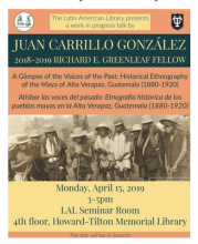 Poster advertising the Juan Carrillo Gonzalez talk. Orange with green text, shows a sepia tone image of workers holding sticks and large packs, wearing wide brimmed hats. The workers are young men. 