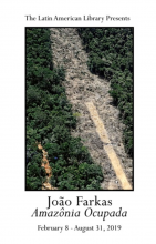 Latin American Library advertising Amazônia Ocupada. Shows an image of the green trees of the Amazon with a long strip of cut down, stripped land.