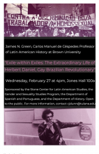 Purple and black poster advertising Exile with Exiles talk. At the top is an image of a protest with Brazilians marching against gay discrimination. At the bottom is an image overlaid with purple times of Herbert Daniel smoking a cigarette.