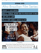 Light blue poster advertising the Afro-Brazilian film series.Features a screen grab from a movie featuring Black women dancing and smiling. 