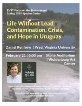 Life Without Lead poster advertisement. Shows a picture of a small pond and a house built up against the water. Also features a picture of the author wearing a blue buttondown and the cover of his book, which is green and shows four figures holding hands.