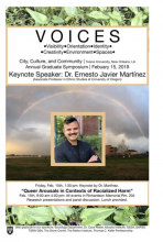 VOICES poster, bordered with a picture of leafy plants. The center image is of a rainbow over a field and a building, with an image of Dr. Martinez wearing a black suit and shirt. He has a mustache and dark hair. 