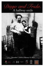 Diego and Frida, a halfway smile. Black and white photo of Rivera and Khalo. The bottom border features the logos of sponsors, Arts district NOLA, Mexican Cultural Institute, Photo NOLA among others.