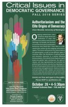 Green poster for critical issues in democratic governance. Shows a hand raised in light green color, which holds many other multicolored raised hand outlines. advertises Menaldo's research on authoritarianism.
