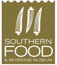 Southern food and Beverage museum logo. Three abstracted peppers, facing alternating up or down. The background is a bronze-brown color, and the text is white. The top of the logo is scalloped like a ticket.