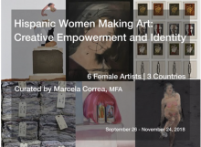 graphic for the Mexican Cultural Institute, featuring the arts of the exhibit—different sculptures and takes on women and gender. Informative text in white overlays images of the art.