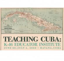 Teaching Cuba event advertisement. shows a light, faded, historical map of Cuba with detailed city and town labels. The background is beige and light blue. 