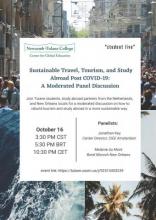 Flyer for a sustainable travel, tourism, and study abroad panel. Background shows a crowd of people on a city street, palm trees, and crashing waves. 