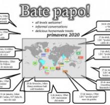 Bate Papo advertisement, featuring a map and speech bubbles with different times and dates for the events. 