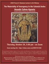 Poster with a colonial Andean woman surrounded by angels, illustrating the syncretic art style of the region. Poster is red and contains event details, themes, and advertises year long series. 