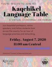 Kaqchikel Language Table poster. Brownish-red background with multicolored design. Information about virtual conversation forum on August 7, 2020.