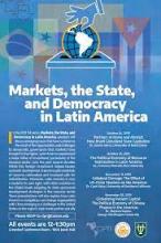 Blue poster with information on the Markets, the state, and democracy in Latin America, A cartoon hand drops a globe into a ballot. There are silhouettes of flags and information on event series. 