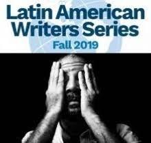 Latin American Writers Series Poster, blue text overlaying a background with a globe, also blue. Below it isia picture of the author, with his hands over his eyes. The photo is black and white. His mustache is visible here. 
