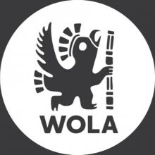 Grey and white logo for WOLA, an indigenous glyph of a bird with anthropomorphic qualities carrying a staff. 