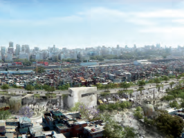Panoramic view of Villa 31 in Buenos Aires with a distant skyline and dense urban neighborhoods.