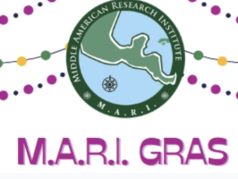 Graphic for M.A.R.I. Gras event, featuring research institute logo and Mardi Gras beads.